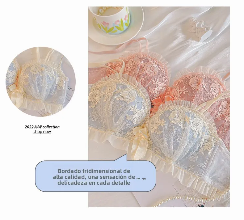 Conjunto de sujetador inalámbrico de encaje sexy y engrosado para mujer, ajustable, para realzar el busto pequeño, lencería s...
