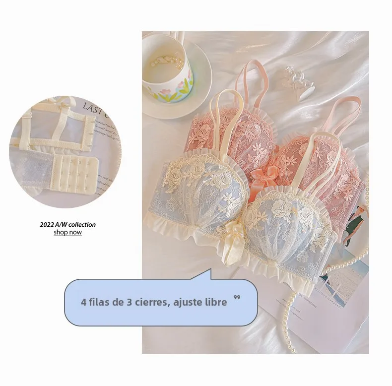 Conjunto de sujetador inalámbrico de encaje sexy y engrosado para mujer, ajustable, para realzar el busto pequeño, lencería s...