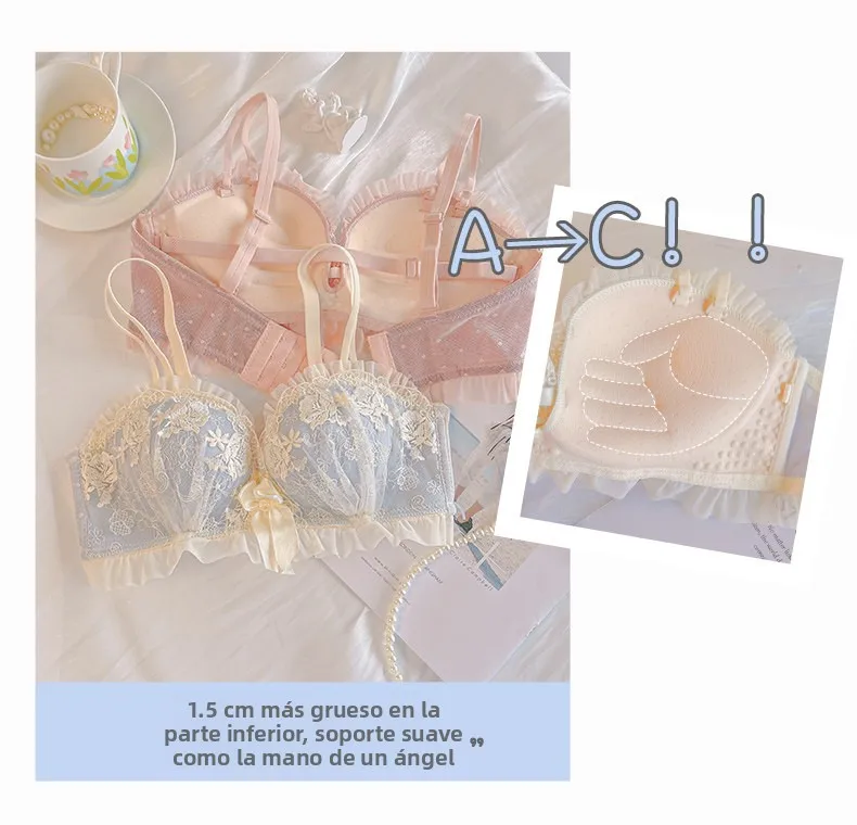 Conjunto de sujetador inalámbrico de encaje sexy y engrosado para mujer, ajustable, para realzar el busto pequeño, lencería s...
