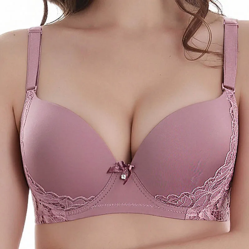 Sujetadores grandes de realce para mujer, ropa interior Sexy de encaje con lazo sólido, molde fino, copa completa, lencería de talla grande, novedad de 2025
