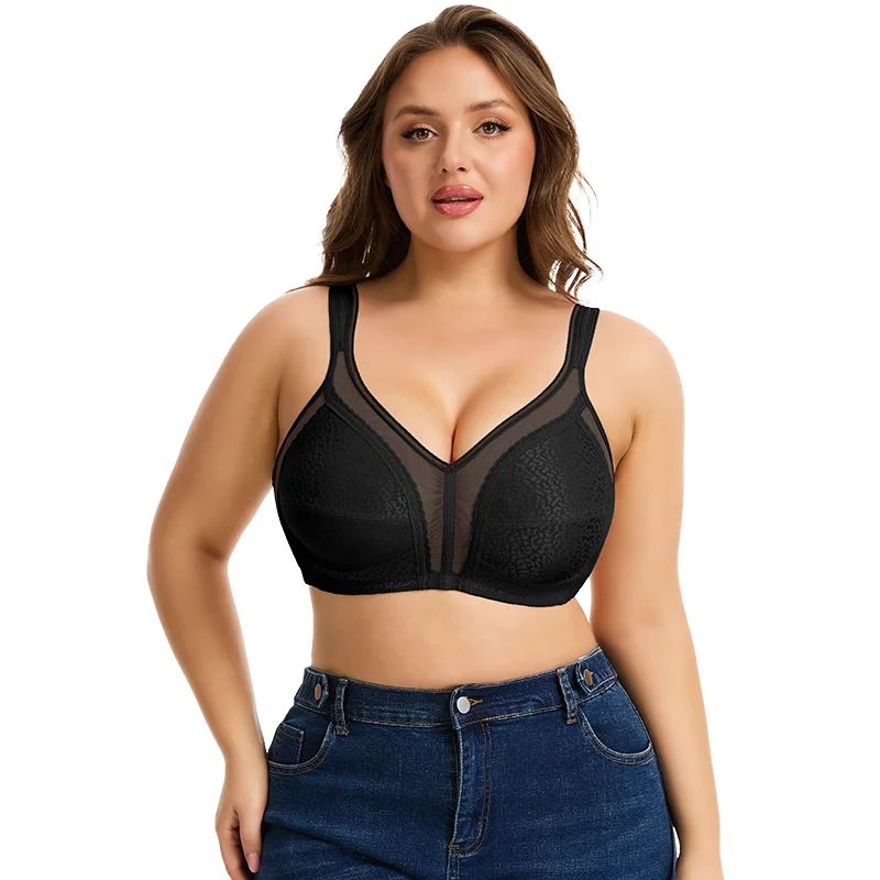 Sujetador de encaje sexy de talla grande para mujer, lencería de tul con tirantes anchos, faja moldeadora, push-up, bralette inalámbrico transpirable con copas ultrafinas
