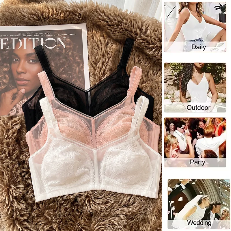 Sujetador de encaje sexy de talla grande para mujer, lencería de tul con tirantes anchos, faja moldeadora, push-up, bralette inalámbrico transpirable con copas ultrafinas