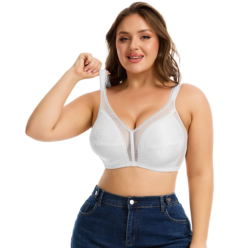 Sujetador de encaje sexy de talla grande para mujer, lencería de tul con tirantes anchos, faja moldeadora, push-up, bralette inalámbrico transpirable con copas ultrafinas