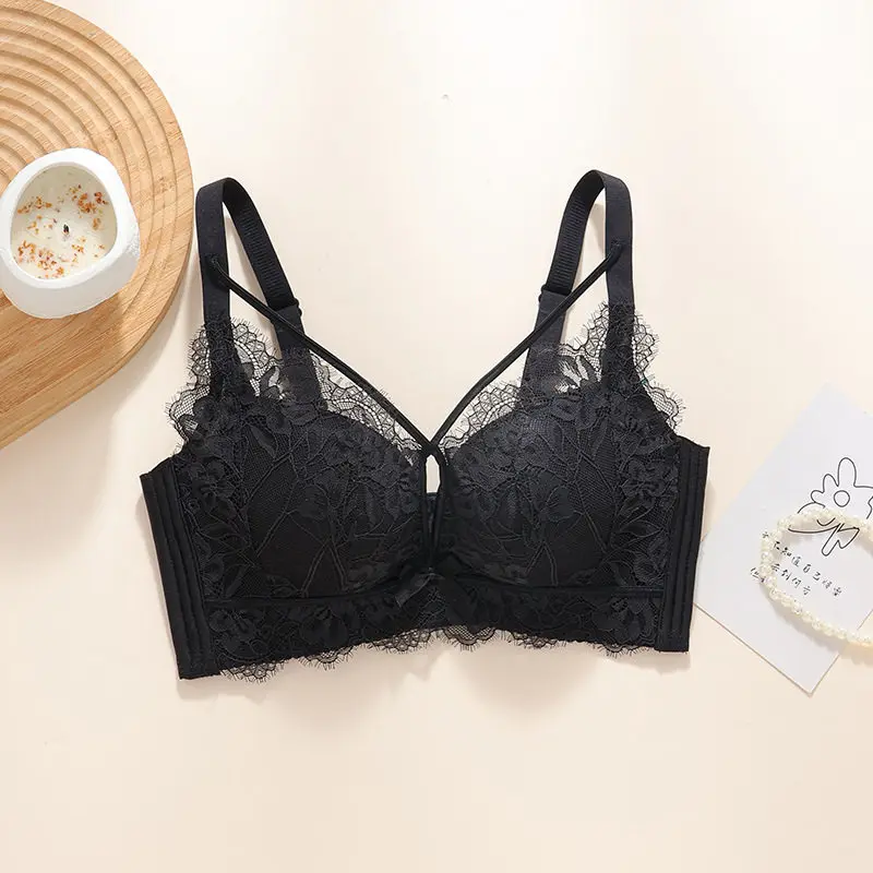 125859-wsdoig.jpg Sujetador push-up sin aros para mujeres con busto pequeño, con relleno de 5 cm, copas con encaje floral, bralette de talla grande con cobertura lateral y efecto lifting. - Imagen 1