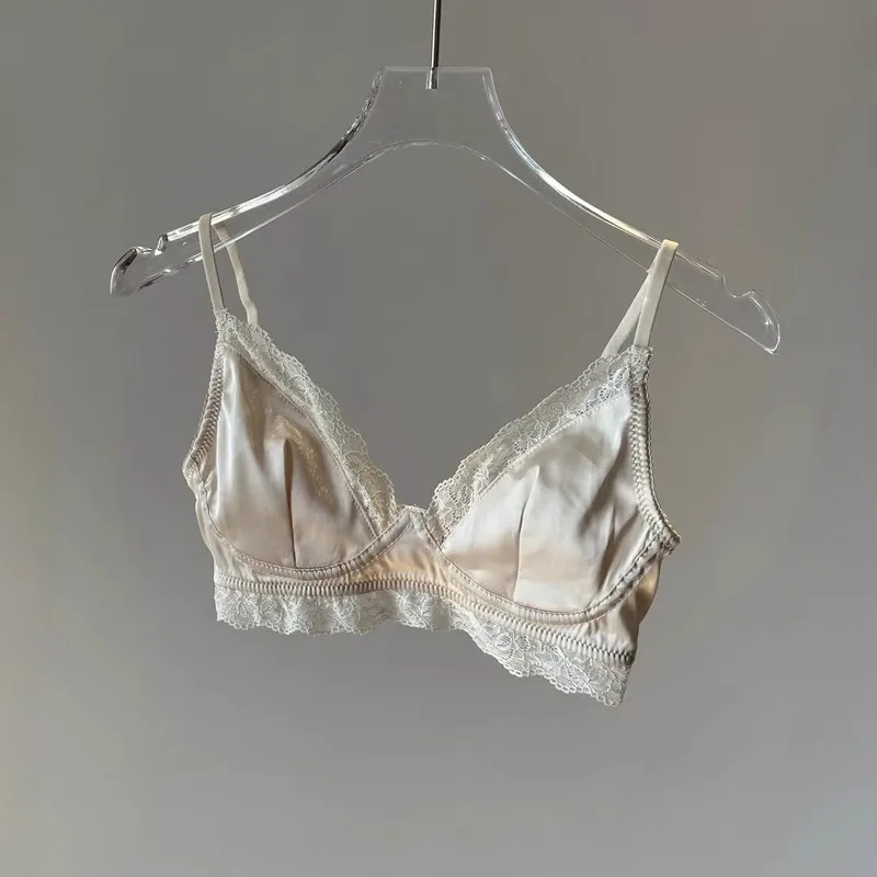 Sujetador de satén con encaje fino para mujer, sin aros, con diseño de espalda hermosa, tirantes dobles fijos, copa en V y do...