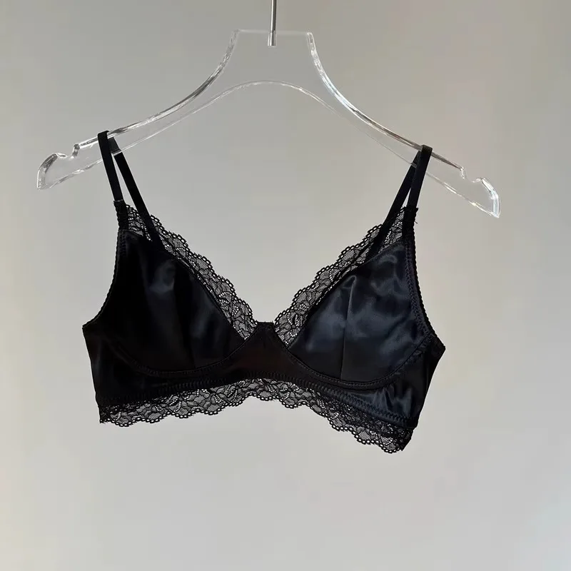 Sujetador de satén con encaje fino para mujer, sin aros, con diseño de espalda hermosa, tirantes dobles fijos, copa en V y do...