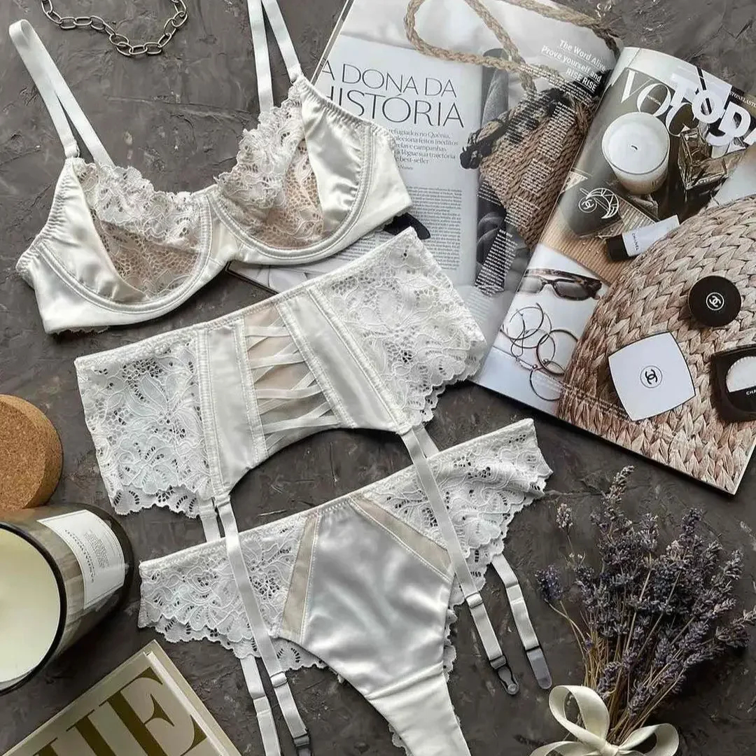 Conjunto de lencería sexy de 3 piezas Tornova para mujer, conjunto de sujetador con tirantes finos de encaje transparente con faja, lencería sexy nueva.