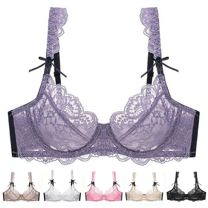 Sujetadores de encaje Sexy para mujer, ropa interior de copa ABCDE, lencería de talla grande, Tirantes ajustables, Beige, caqui, Negro, Rosa, Morado, novedad de 2024