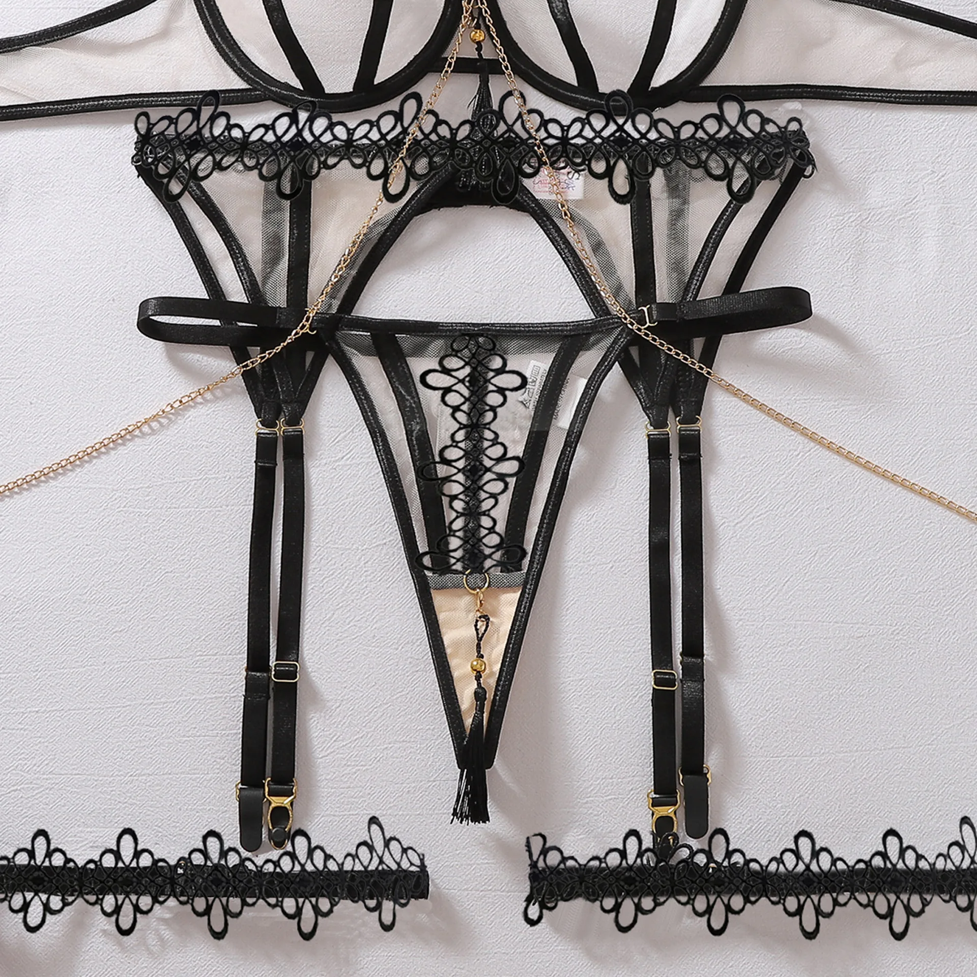 Conjunto de lencería con encaje floral bordado SINGREINY, sujetador con tirantes y cadena, bragas transparentes, ropa interior sensual y erótica, conjunto de tres piezas.