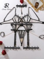 Conjunto de lencería con encaje floral bordado SINGREINY, sujetador con tirantes y cadena, bragas transparentes, ropa interior sensual y erótica, conjunto de tres piezas. - Imagen 5