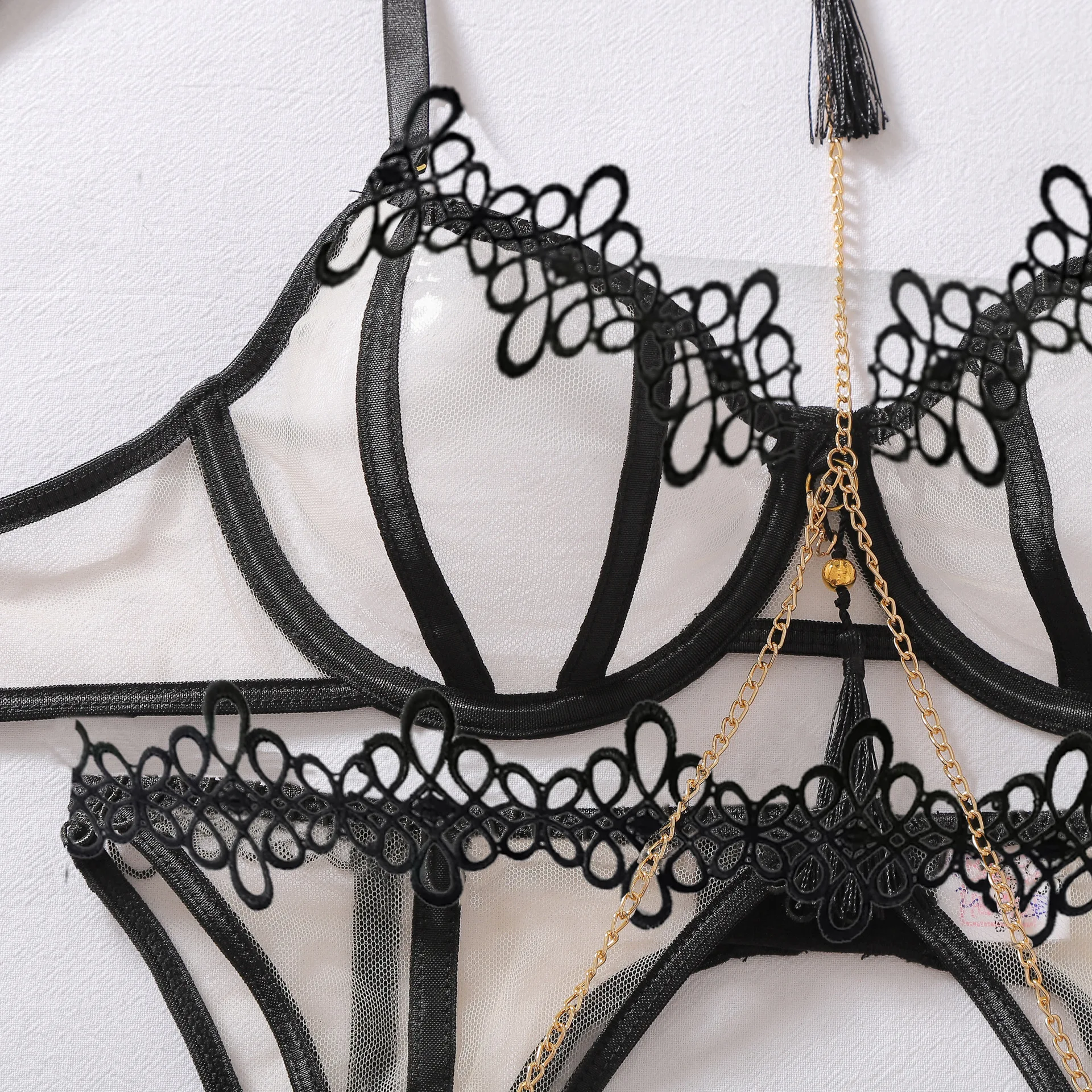 Conjunto de lencería con encaje floral bordado SINGREINY, sujetador con tirantes y cadena, bragas transparentes, ropa interior sensual y erótica, conjunto de tres piezas.