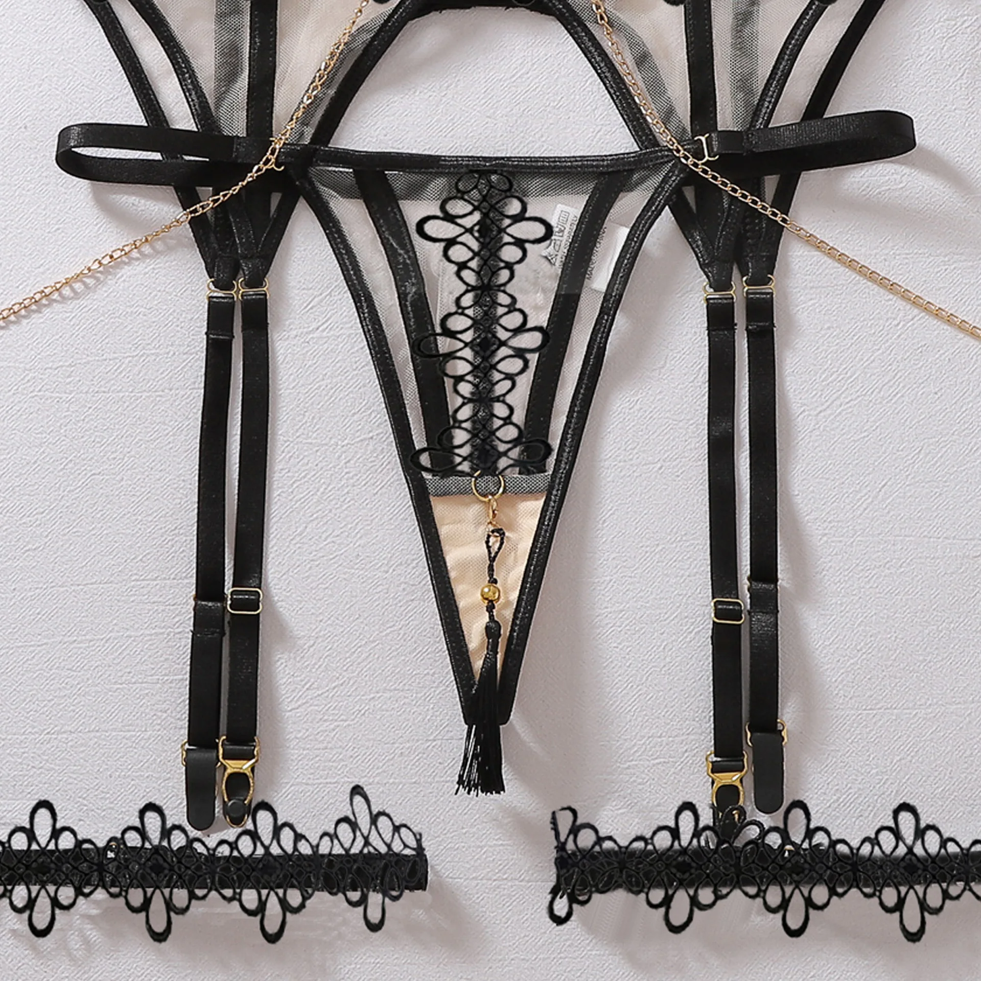 Conjunto de lencería con encaje floral bordado SINGREINY, sujetador con tirantes y cadena, bragas transparentes, ropa interior sensual y erótica, conjunto de tres piezas.