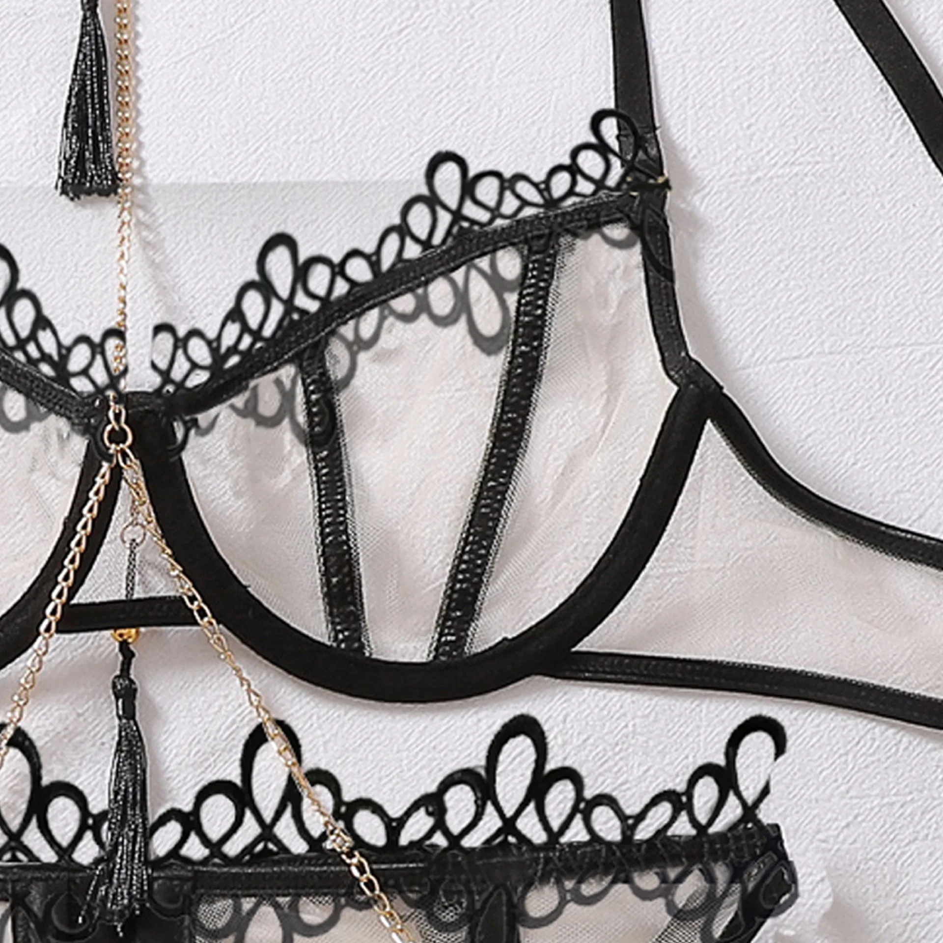 Conjunto de lencería con encaje floral bordado SINGREINY, sujetador con tirantes y cadena, bragas transparentes, ropa interior sensual y erótica, conjunto de tres piezas.