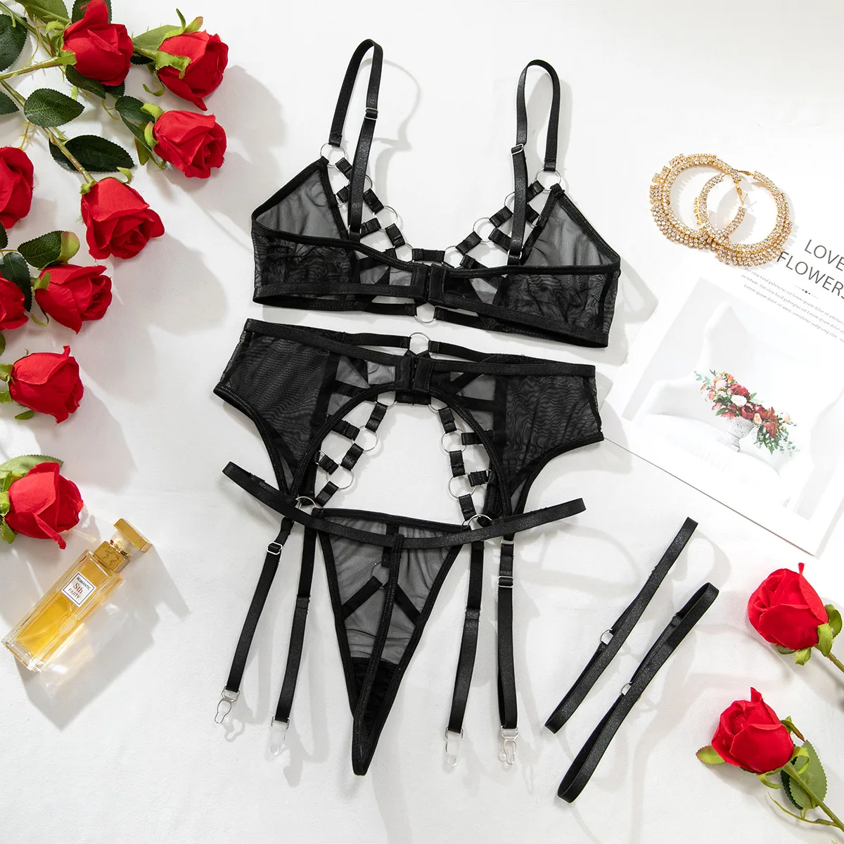 Conjunto de ropa interior de malla calada SINGREINY para mujer, sujetador y bragas transparentes, faja moldeadora sexy, lencería erótica para chicas, conjunto de tres piezas.