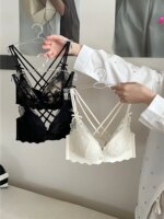Sujetador de encaje sexy para mujer, estilo chaleco, con espalda cruzada, engrosado y fruncido, talla grande, que previene la...