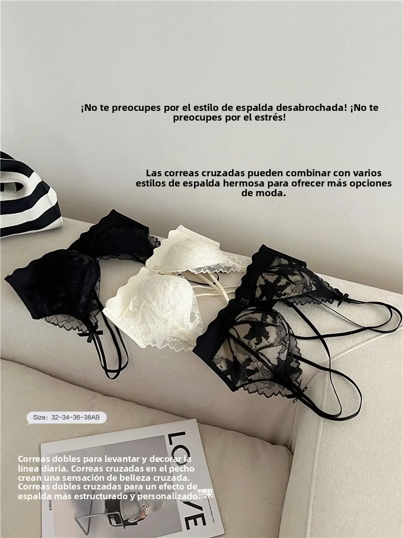 Sujetador de encaje sexy para mujer, estilo chaleco, con espalda cruzada, engrosado y fruncido, talla grande, que previene la... Sujetador de encaje sexy para mujer, estilo chaleco, con espalda cruzada, engrosado y fruncido, talla grande, que previene la...