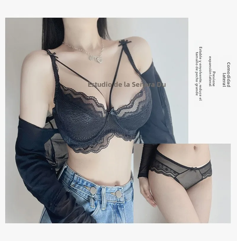 Conjunto de lencería sexy de encaje de talla grande, diseño transparente cruzado, sujetador ultrafino con efecto push-up para...