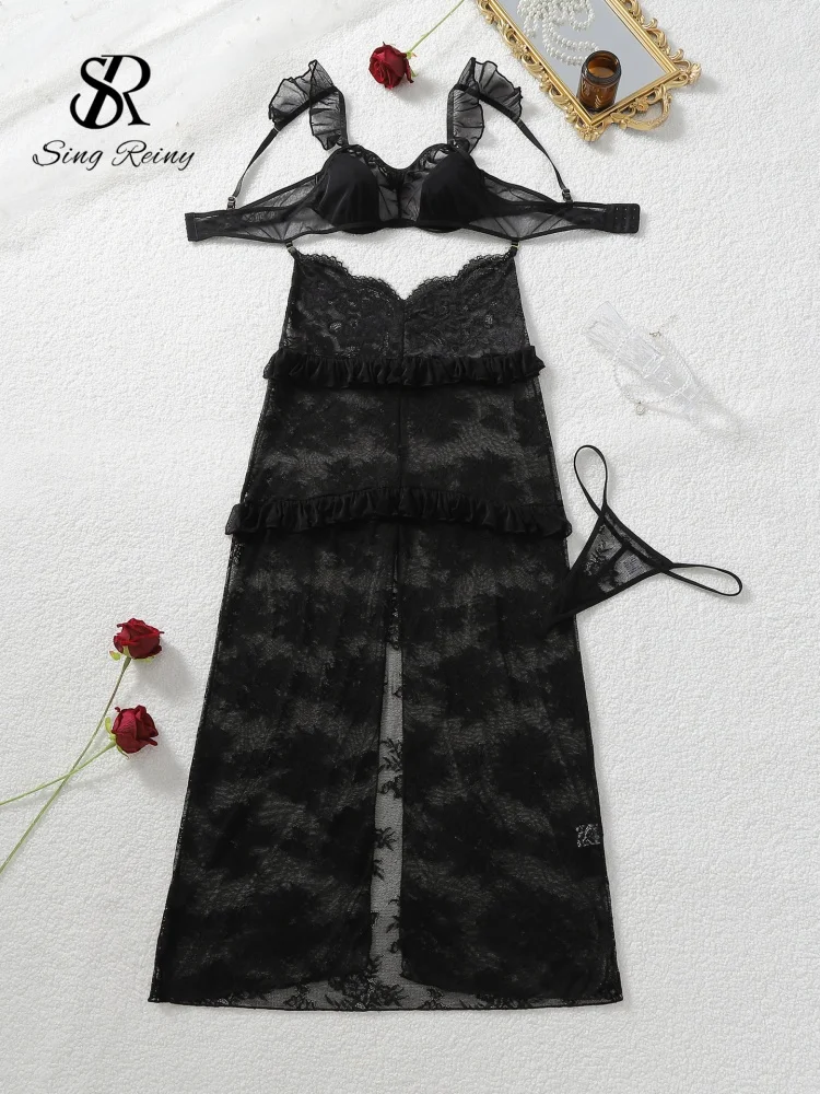 Conjuntos de lencería sexy SINGREINY con volantes, estilo Hotsweet, 2026, sujetador de malla con tirantes + tangas + faldas largas, encaje floral, ropa de noche sexy transparente
