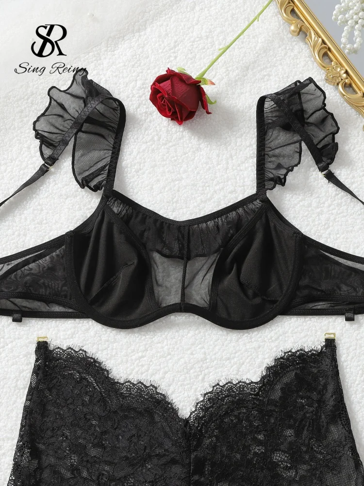 Conjuntos de lencería sexy SINGREINY con volantes, estilo Hotsweet, 2026, sujetador de malla con tirantes + tangas + faldas largas, encaje floral, ropa de noche sexy transparente