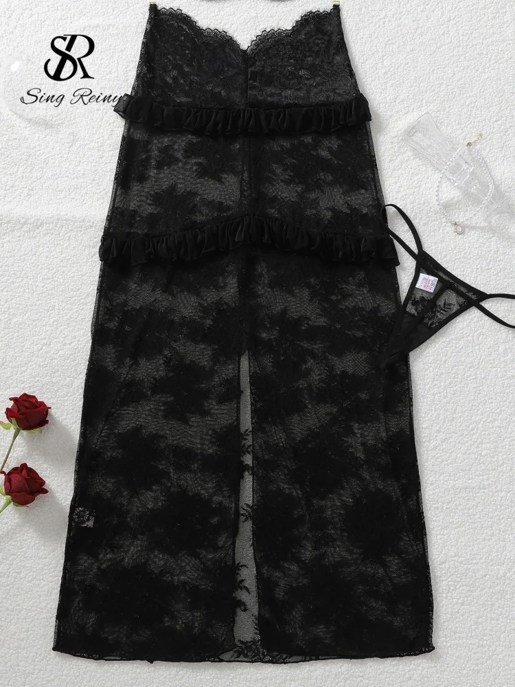 Conjuntos de lencería sexy SINGREINY con volantes, estilo Hotsweet, 2026, sujetador de malla con tirantes + tangas + faldas largas, encaje floral, ropa de noche sexy transparente