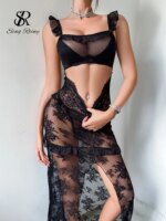 Conjuntos de lencería sexy SINGREINY con volantes, estilo Hotsweet, 2026, sujetador de malla con tirantes + tangas + faldas largas, encaje floral, ropa de noche sexy transparente - Imagen 3
