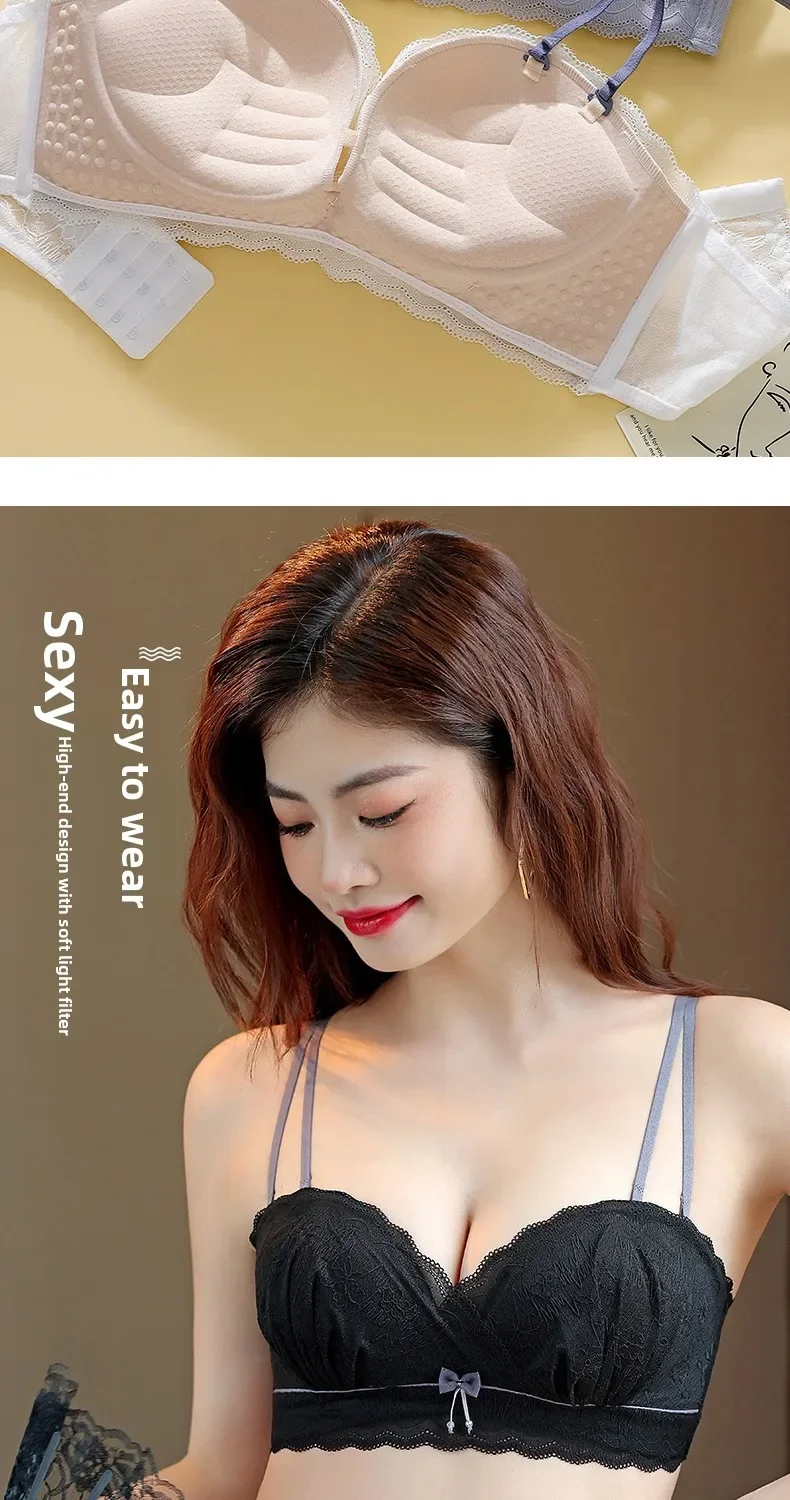 Sujetador de encaje KUCLUT sin aros, con realce, de tela de nailon cómoda para mujeres jóvenes, estilo Pure Desire, con efecto push-up y fruncido.