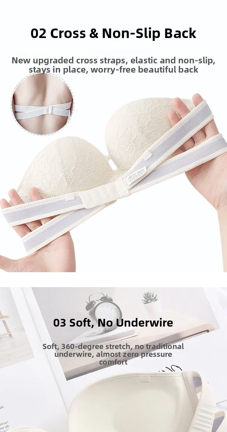 Bralette de encaje sin tirantes para mujer, para busto pequeño, sin tirantes, diseño en forma de U, con aros de acero con mem... Bralette de encaje sin tirantes para mujer, para busto pequeño, sin tirantes, diseño en forma de U, con aros de acero con mem...