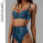 Toucheart-Conjunto de 3 piezas de ropa interior Sexy para mujer, conjunto de sujetador fino de encaje transparente de malla con faja, traje de lencería Sexy nuevo - Imagen 2
