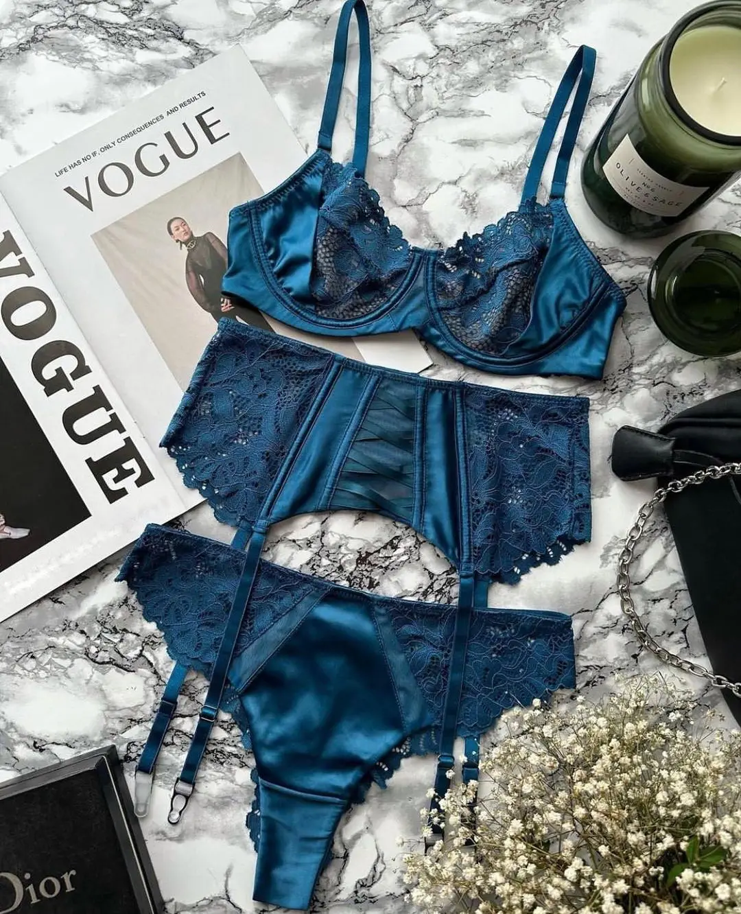 Toucheart-Conjunto de 3 piezas de ropa interior Sexy para mujer, conjunto de sujetador fino de encaje transparente de malla con faja, traje de lencería Sexy nuevo