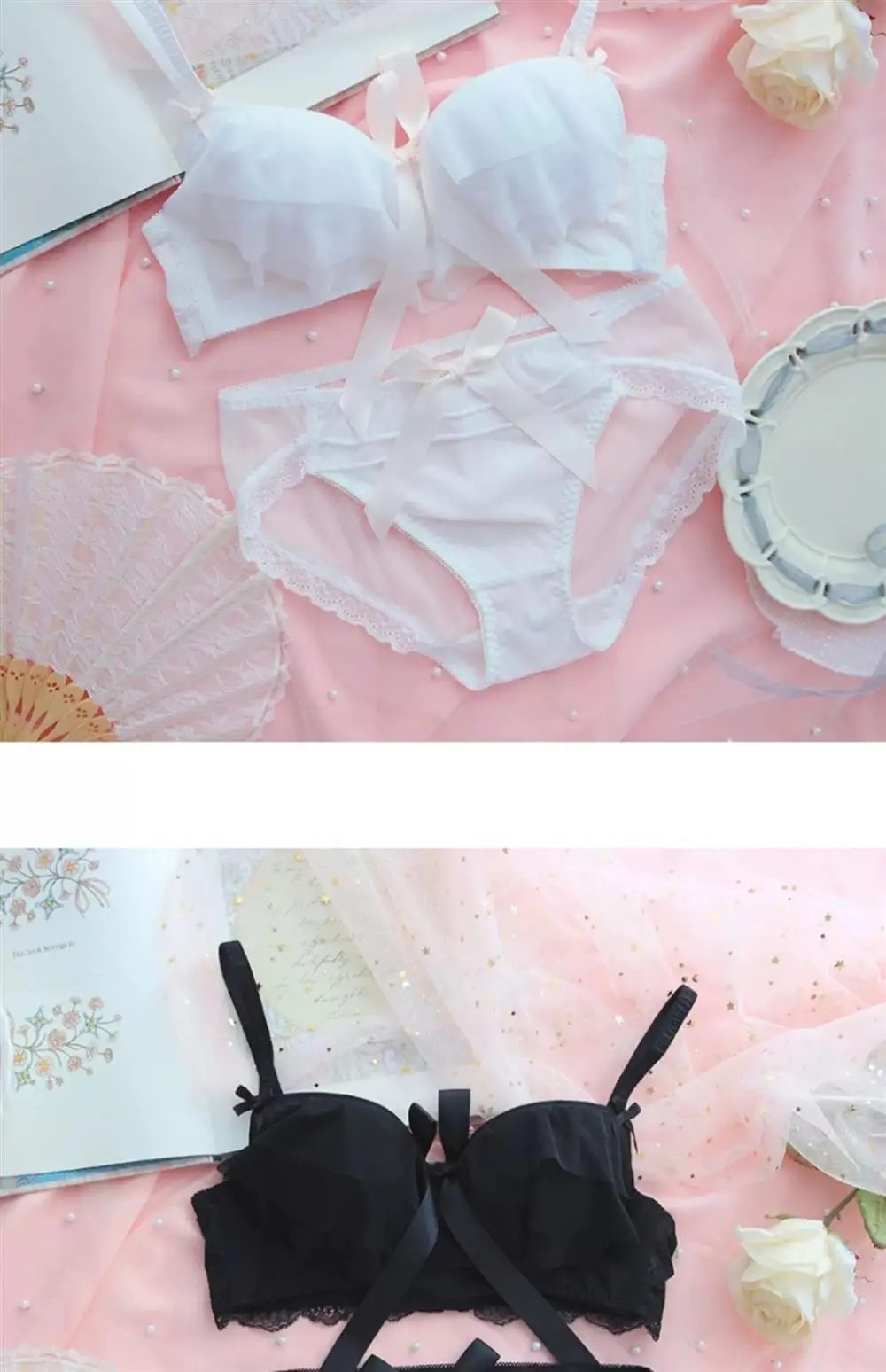 Conjunto de sujetador inalámbrico de encaje estilo dulce para mujer, ropa interior fruncida, suave y linda, sexy, de puro des...