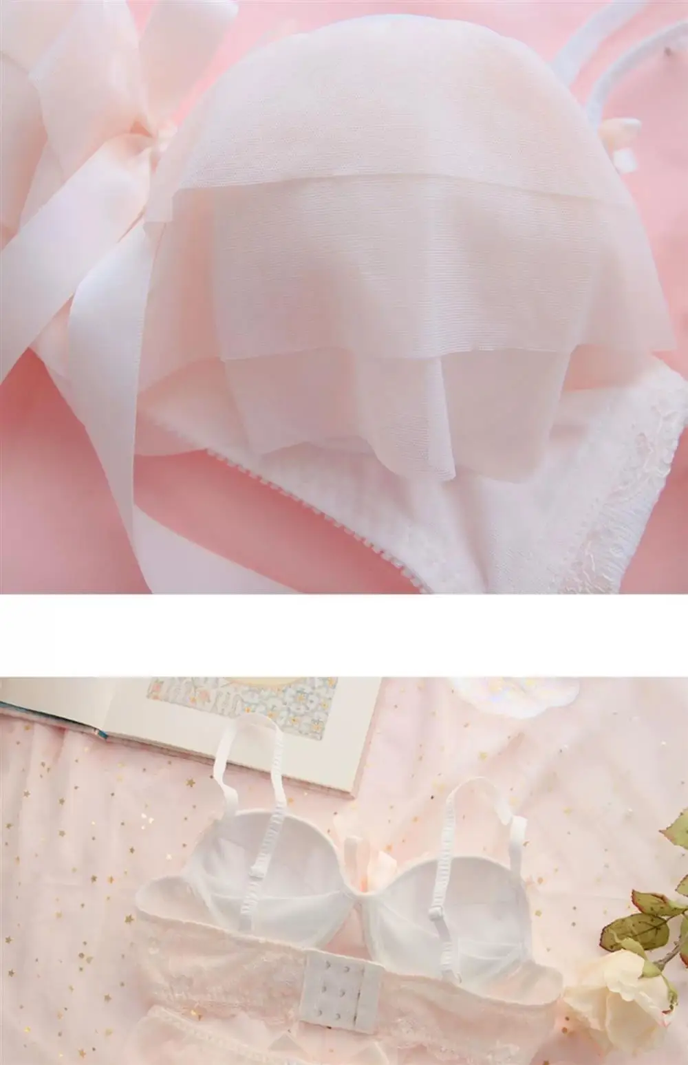 Conjunto de sujetador inalámbrico de encaje estilo dulce para mujer, ropa interior fruncida, suave y linda, sexy, de puro des...