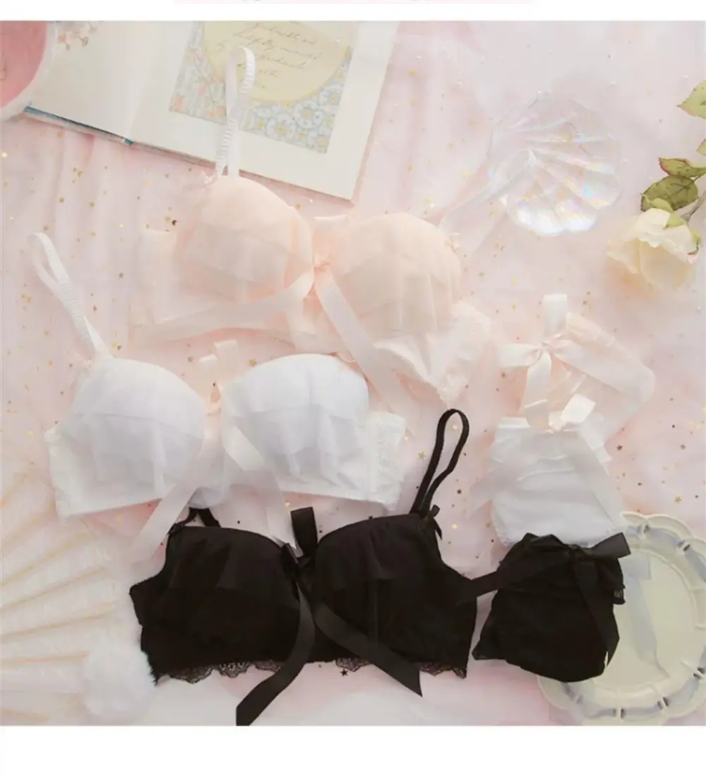 Conjunto de sujetador inalámbrico de encaje estilo dulce para mujer, ropa interior fruncida, suave y linda, sexy, de puro des...