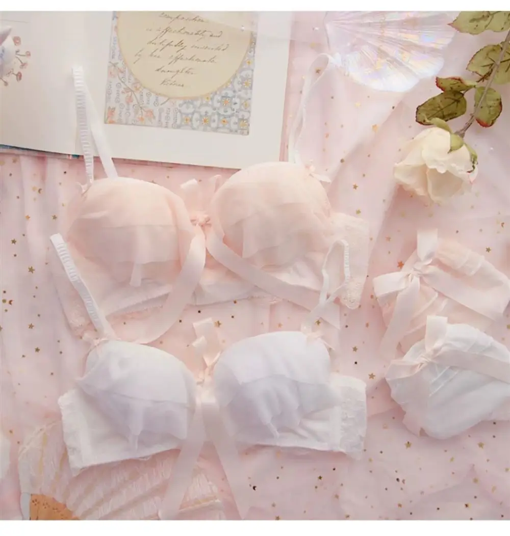 Conjunto de sujetador inalámbrico de encaje estilo dulce para mujer, ropa interior fruncida, suave y linda, sexy, de puro des...