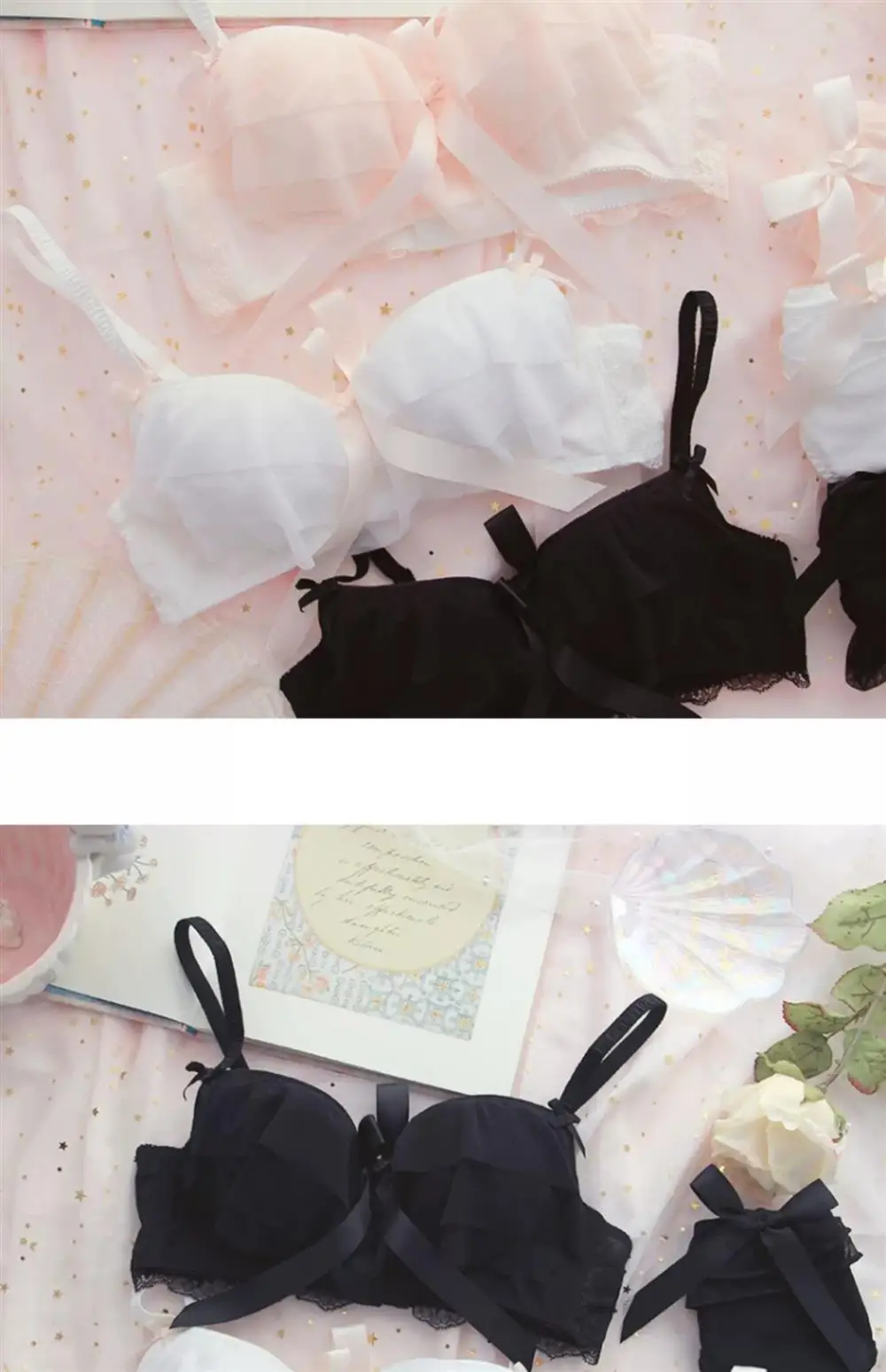 Conjunto de sujetador inalámbrico de encaje estilo dulce para mujer, ropa interior fruncida, suave y linda, sexy, de puro des...