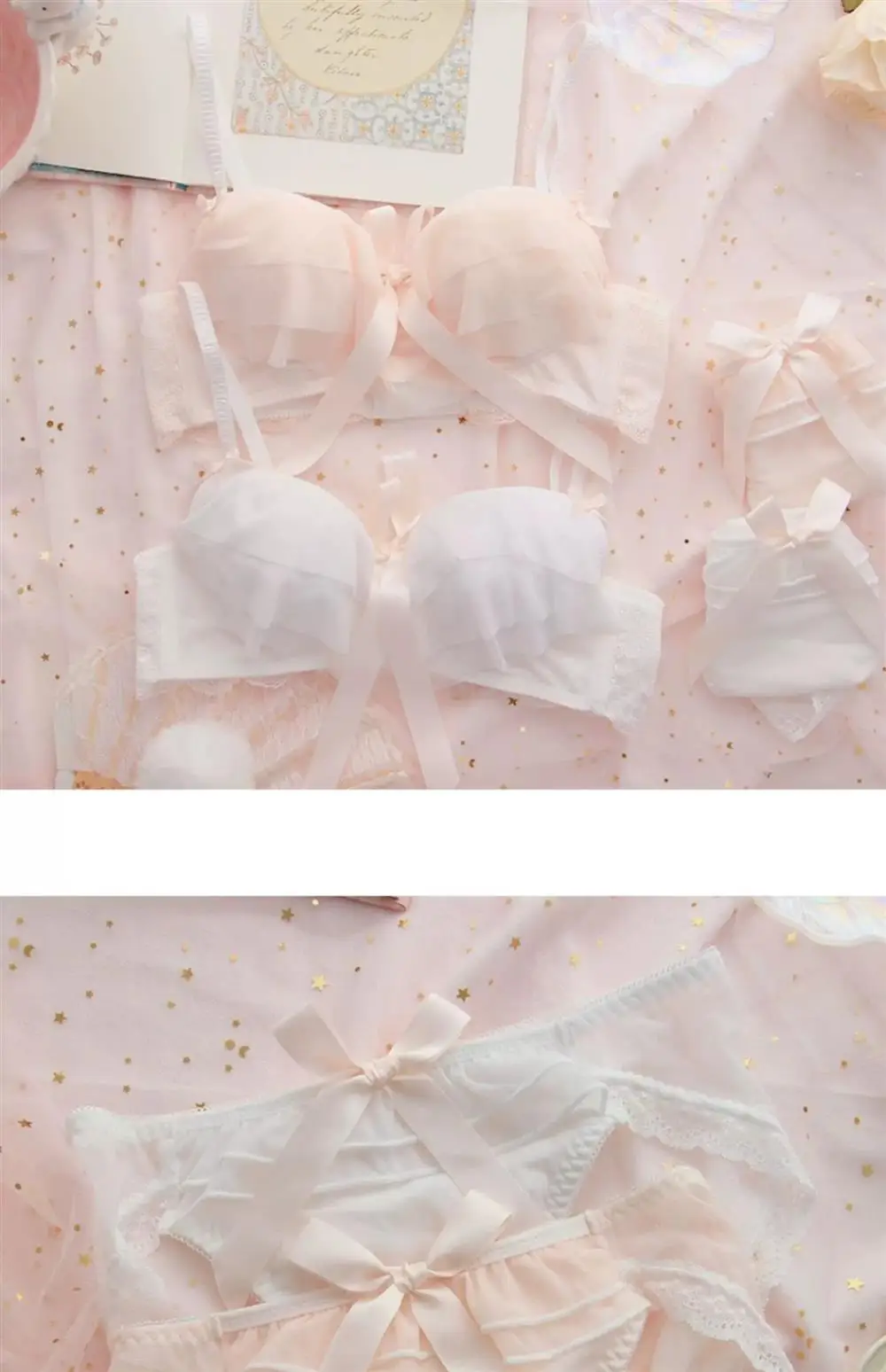 Conjunto de sujetador inalámbrico de encaje estilo dulce para mujer, ropa interior fruncida, suave y linda, sexy, de puro des...