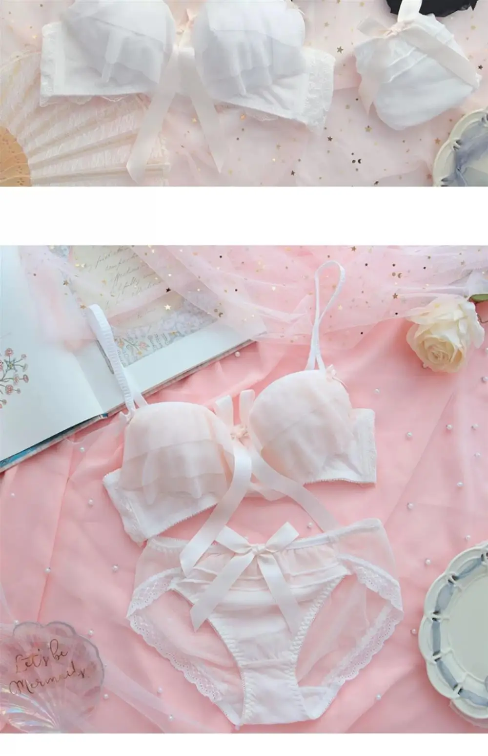 Conjunto de sujetador inalámbrico de encaje estilo dulce para mujer, ropa interior fruncida, suave y linda, sexy, de puro des...