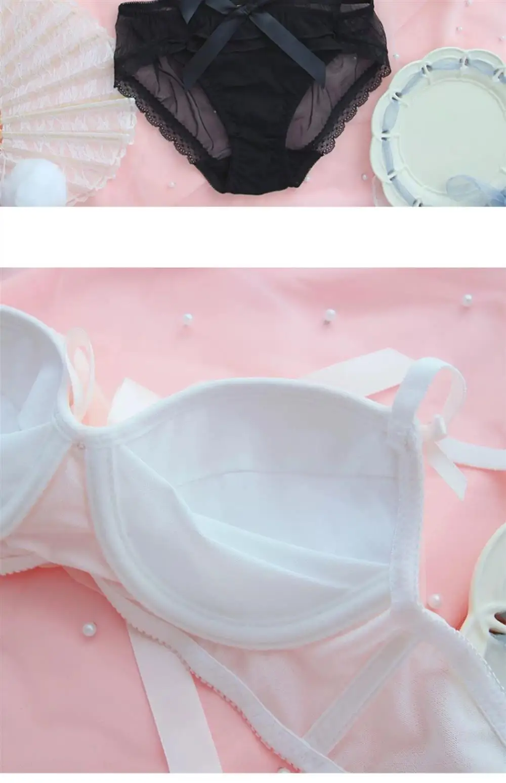 Conjunto de sujetador inalámbrico de encaje estilo dulce para mujer, ropa interior fruncida, suave y linda, sexy, de puro des...