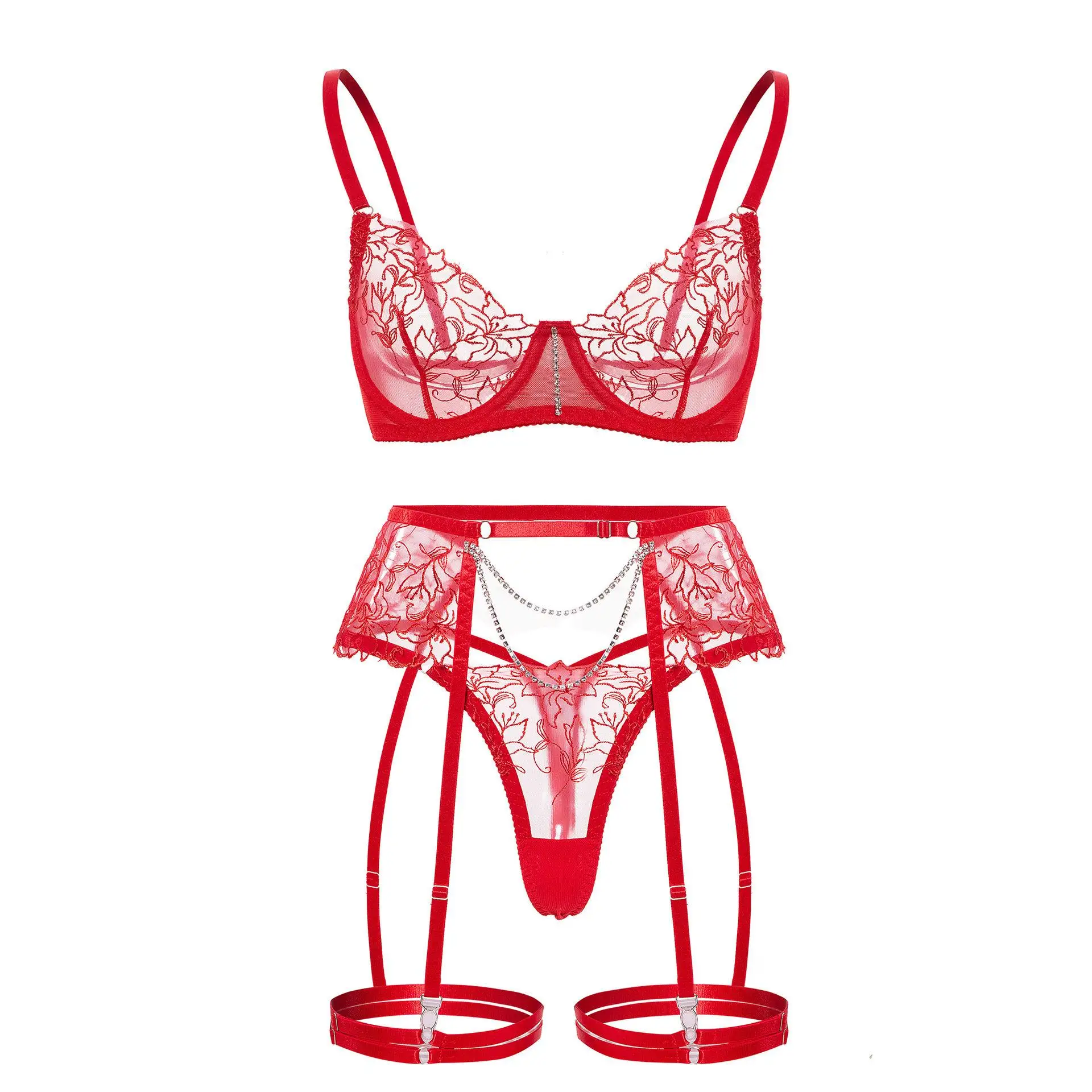 Conjunto de sujetador sexy con bordado floral, diseño elegante en forma de U para pechos caídos, colección de otoño, fabrican...