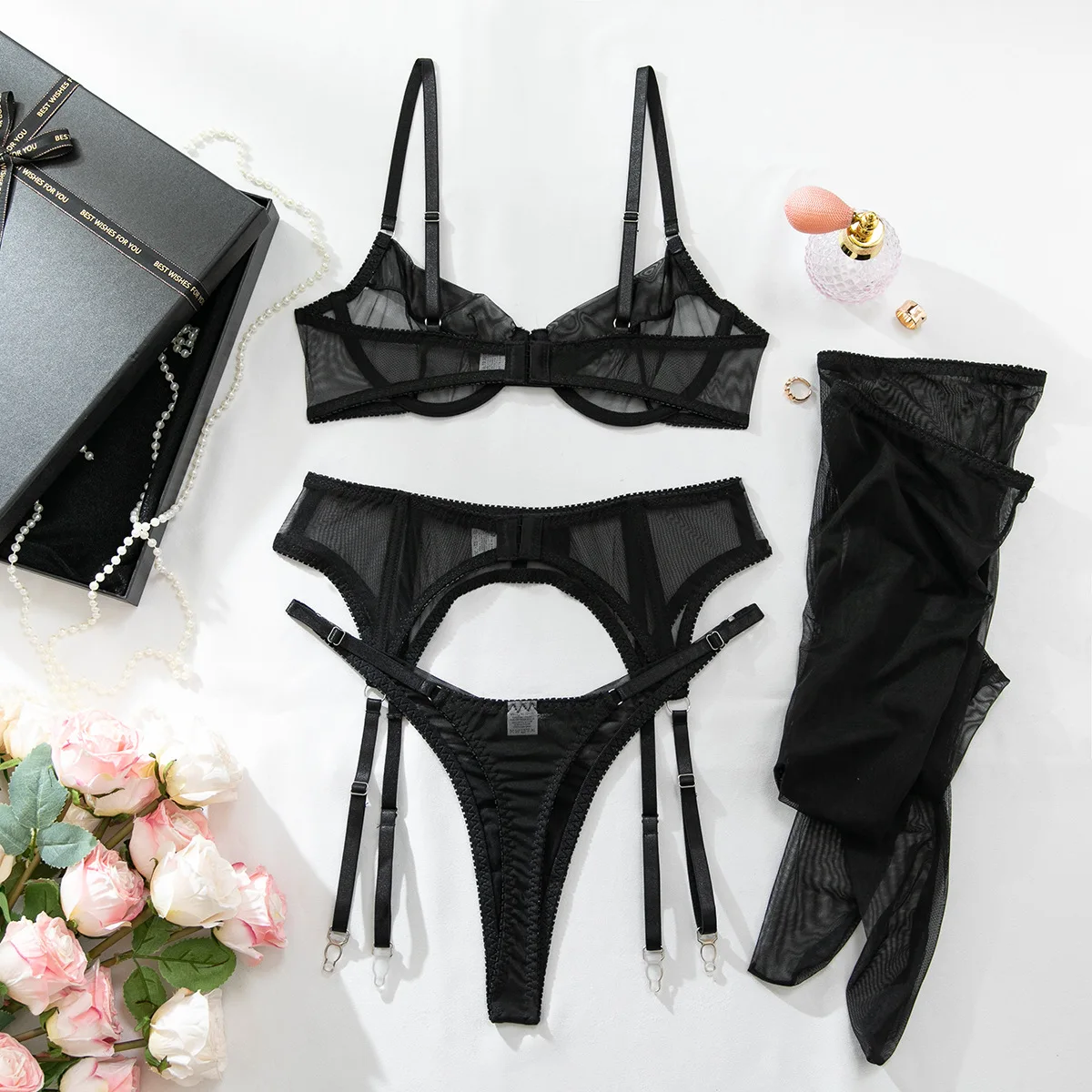 Conjunto de lencería de 4 piezas para mujer de poliéster