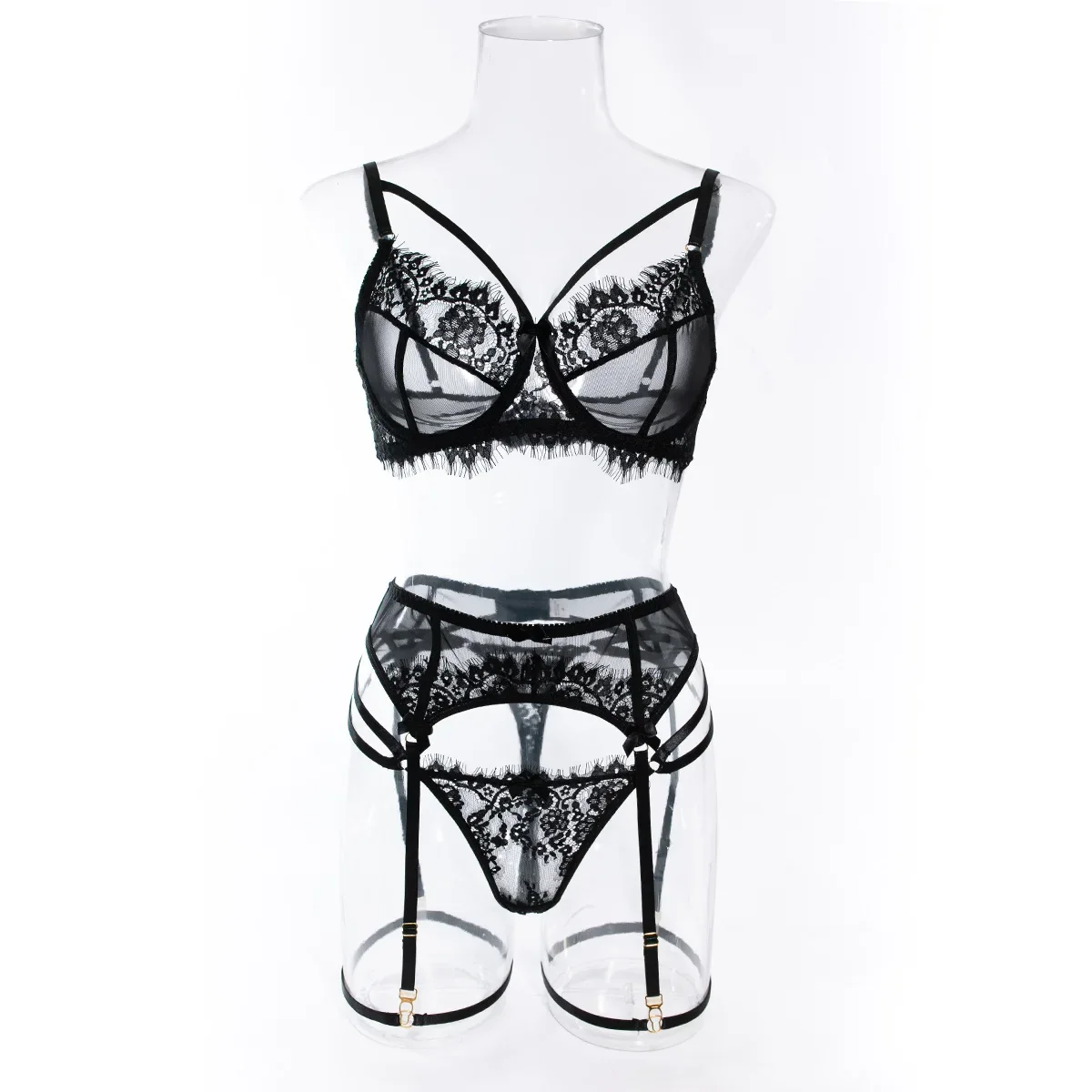 Tornova-Conjunto de lencería Sexy de 4 piezas para mujer, ropa interior calada de encaje de Color sólido con realce, perspectiva Sexy de malla y encaje, nuevo Tornova-Conjunto de lencería Sexy de 4 piezas para mujer, ropa interior calada de encaje de Color sólido con realce, perspectiva Sexy de malla y encaje, nuevo