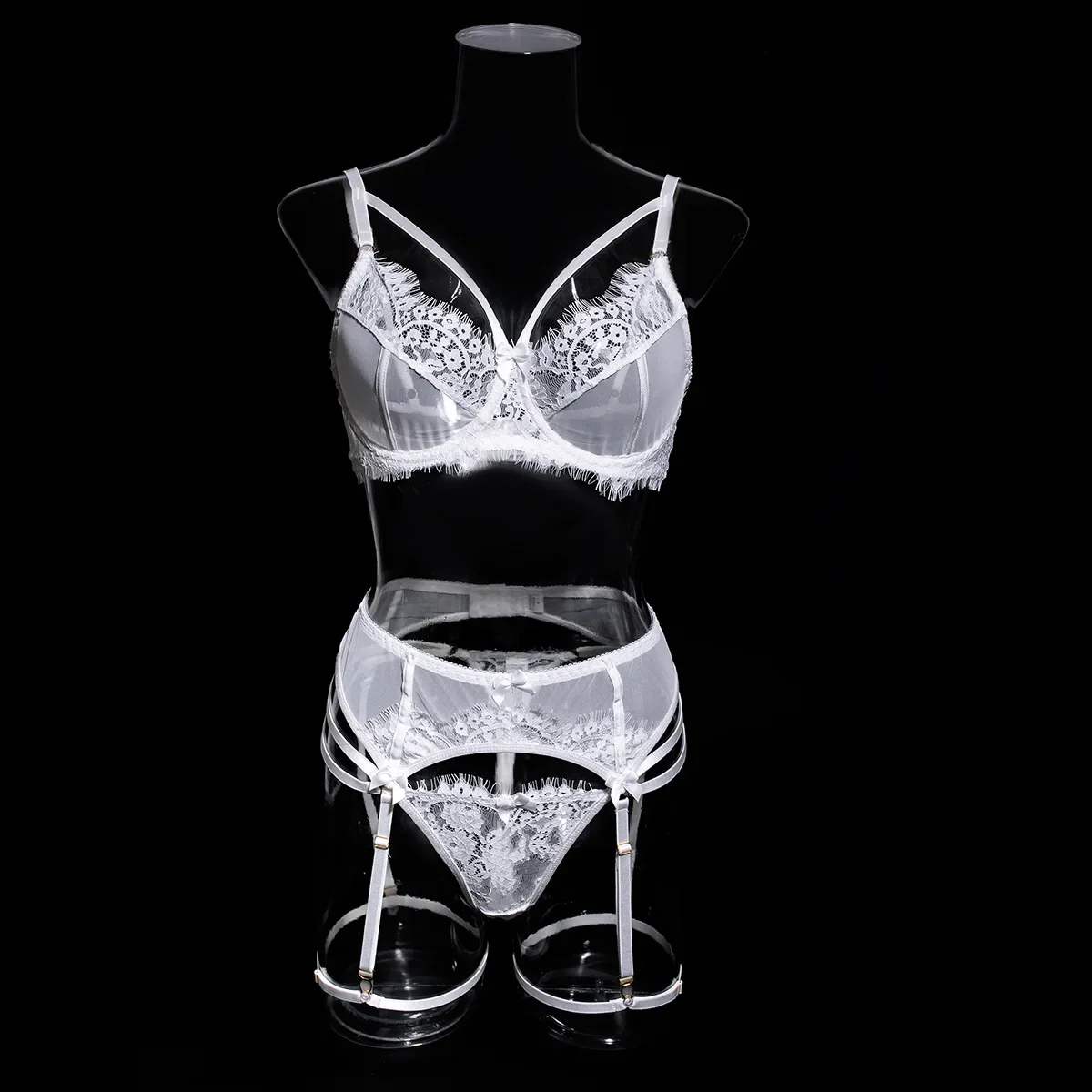 Tornova-Conjunto de lencería Sexy de 4 piezas para mujer, ropa interior calada de encaje de Color sólido con realce, perspectiva Sexy de malla y encaje, nuevo Tornova-Conjunto de lencería Sexy de 4 piezas para mujer, ropa interior calada de encaje de Color sólido con realce, perspectiva Sexy de malla y encaje, nuevo
