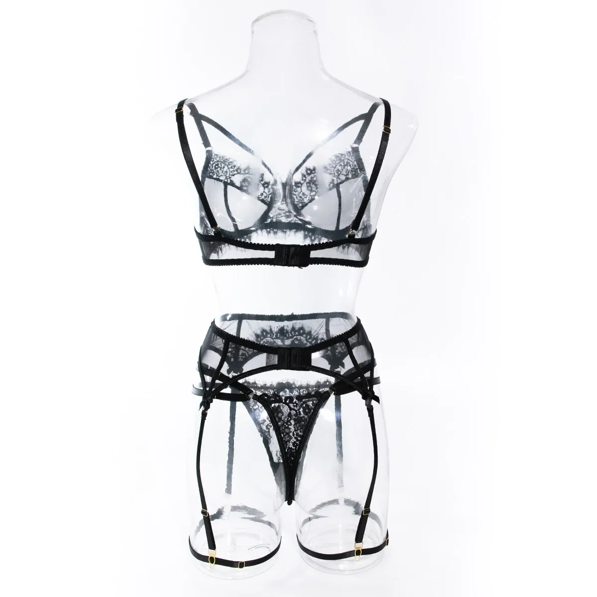 Tornova-Conjunto de lencería Sexy de 4 piezas para mujer, ropa interior calada de encaje de Color sólido con realce, perspectiva Sexy de malla y encaje, nuevo Tornova-Conjunto de lencería Sexy de 4 piezas para mujer, ropa interior calada de encaje de Color sólido con realce, perspectiva Sexy de malla y encaje, nuevo