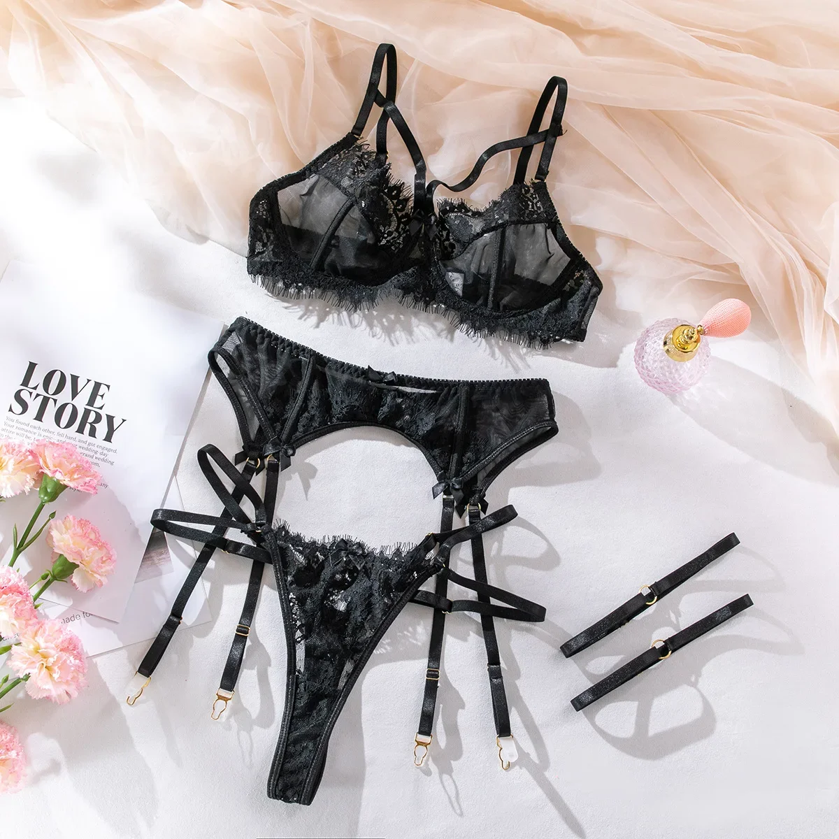Tornova-Conjunto de lencería Sexy de 4 piezas para mujer, ropa interior calada de encaje de Color sólido con realce, perspectiva Sexy de malla y encaje, nuevo Tornova-Conjunto de lencería Sexy de 4 piezas para mujer, ropa interior calada de encaje de Color sólido con realce, perspectiva Sexy de malla y encaje, nuevo