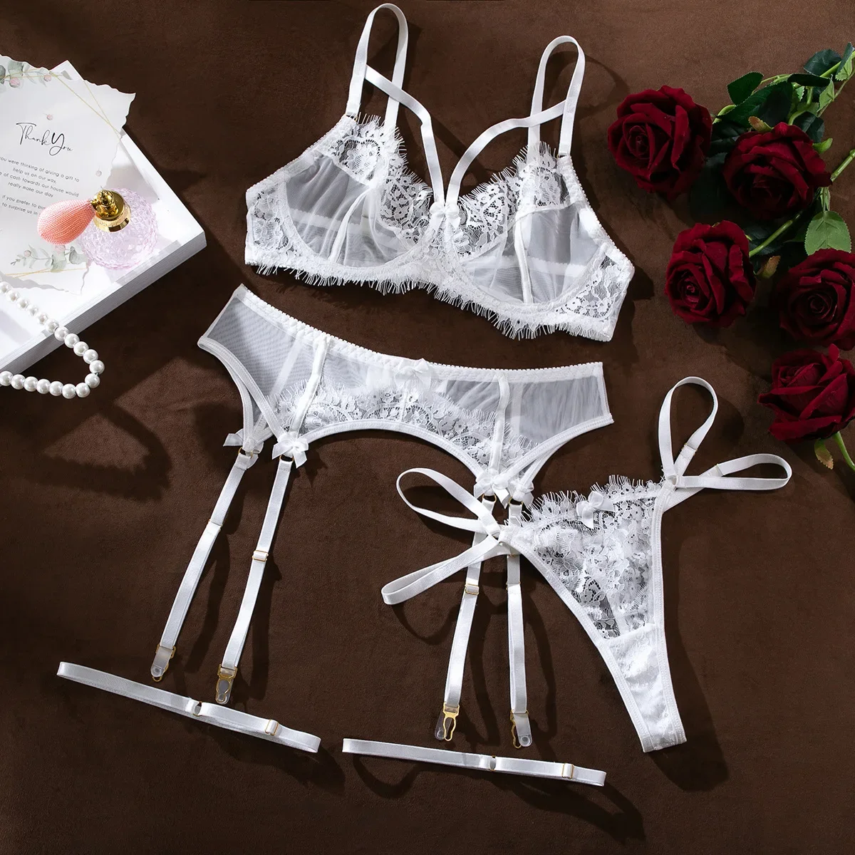 Tornova-Conjunto de lencería Sexy de 4 piezas para mujer, ropa interior calada de encaje de Color sólido con realce, perspectiva Sexy de malla y encaje, nuevo Tornova-Conjunto de lencería Sexy de 4 piezas para mujer, ropa interior calada de encaje de Color sólido con realce, perspectiva Sexy de malla y encaje, nuevo