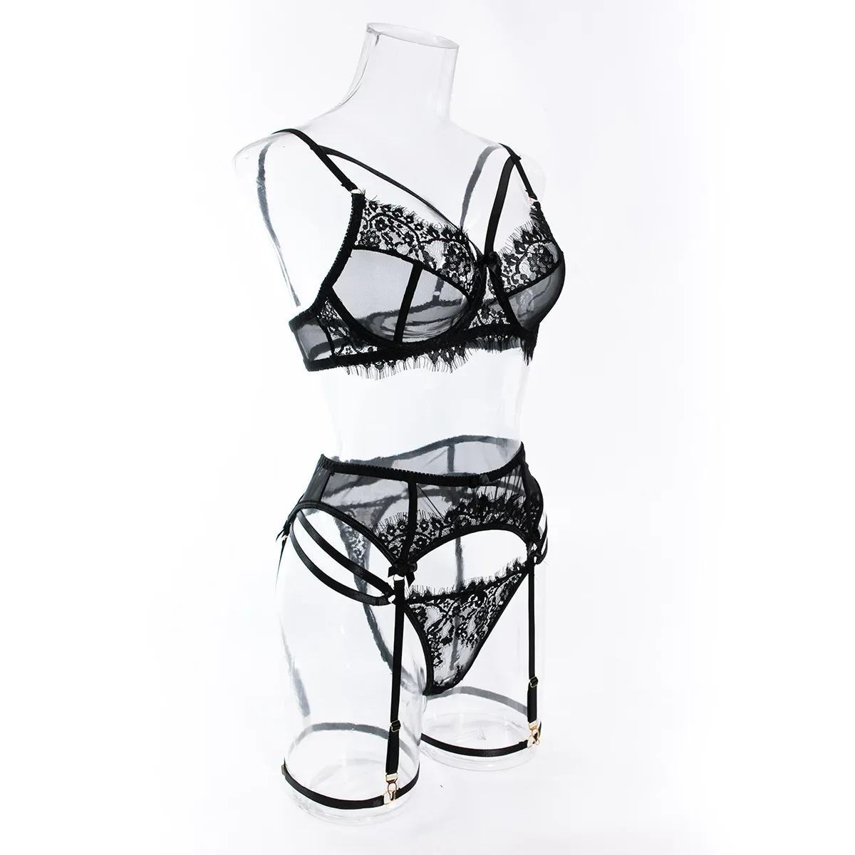 Tornova-Conjunto de lencería Sexy de 4 piezas para mujer, ropa interior calada de encaje de Color sólido con realce, perspectiva Sexy de malla y encaje, nuevo Tornova-Conjunto de lencería Sexy de 4 piezas para mujer, ropa interior calada de encaje de Color sólido con realce, perspectiva Sexy de malla y encaje, nuevo