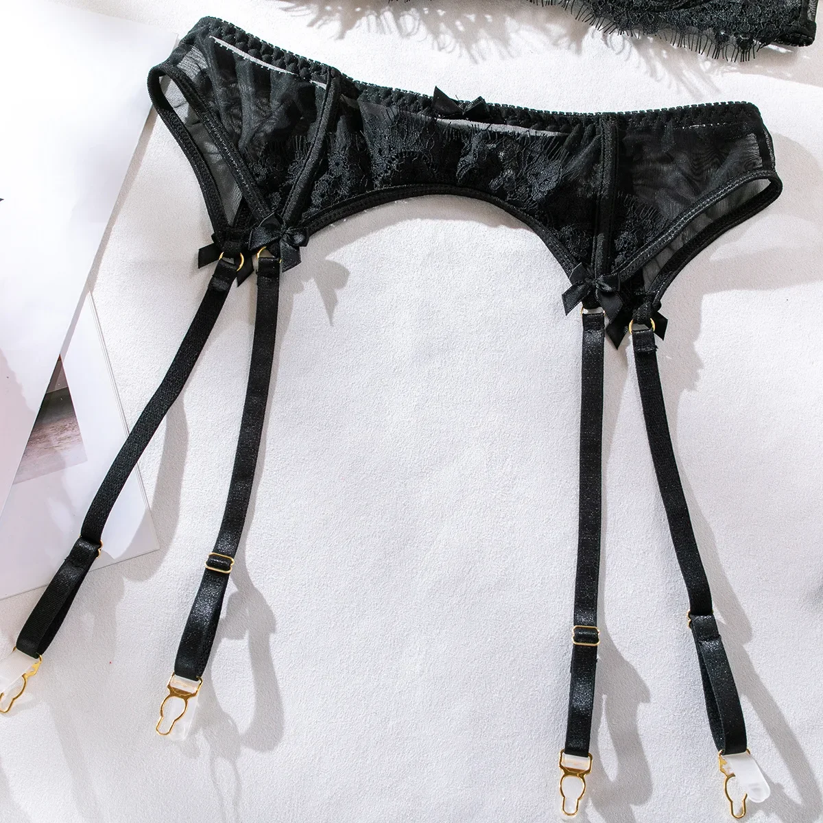 Tornova-Conjunto de lencería Sexy de 4 piezas para mujer, ropa interior calada de encaje de Color sólido con realce, perspectiva Sexy de malla y encaje, nuevo Tornova-Conjunto de lencería Sexy de 4 piezas para mujer, ropa interior calada de encaje de Color sólido con realce, perspectiva Sexy de malla y encaje, nuevo