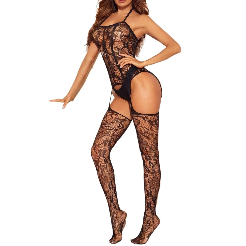 Body de encaje floral con cuello halter, malla transparente, liguero integrado, medias de rejilla hasta el muslo, lencería para mujer