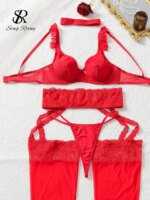 SINGREINY Conjunto de lencería roja brillante de tres piezas para mujer, con tirantes, volantes, sujetador lindo, tanga y medias largas, diseño de encaje, ropa interior sexy. - Imagen 3