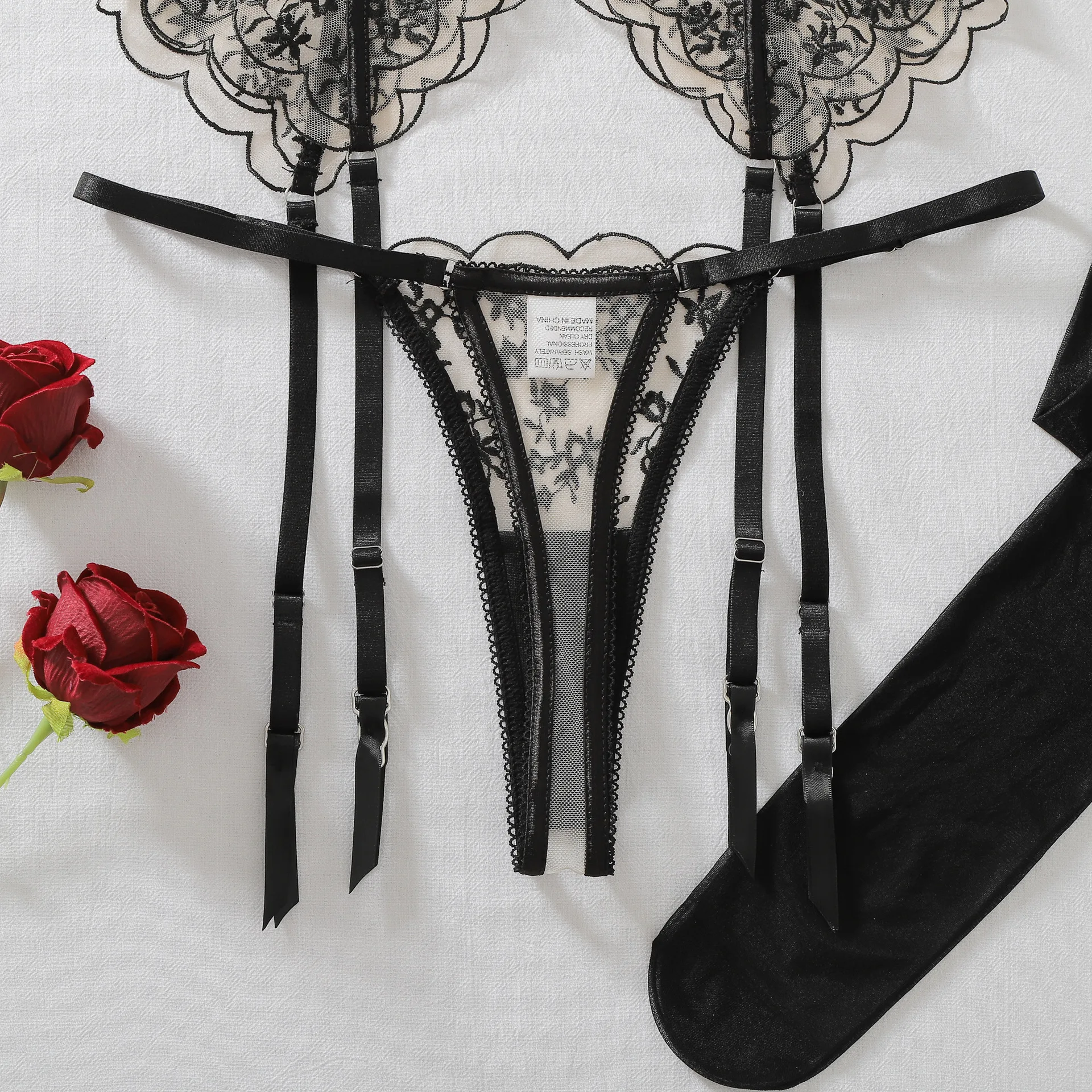 Conjunto de lencería erótica SINGREINY de tres piezas: sujetador transparente con tirantes y bordados, bragas y medias, conjunto de sujetador floral con tirantes y tangas + calcetines, colección 2026