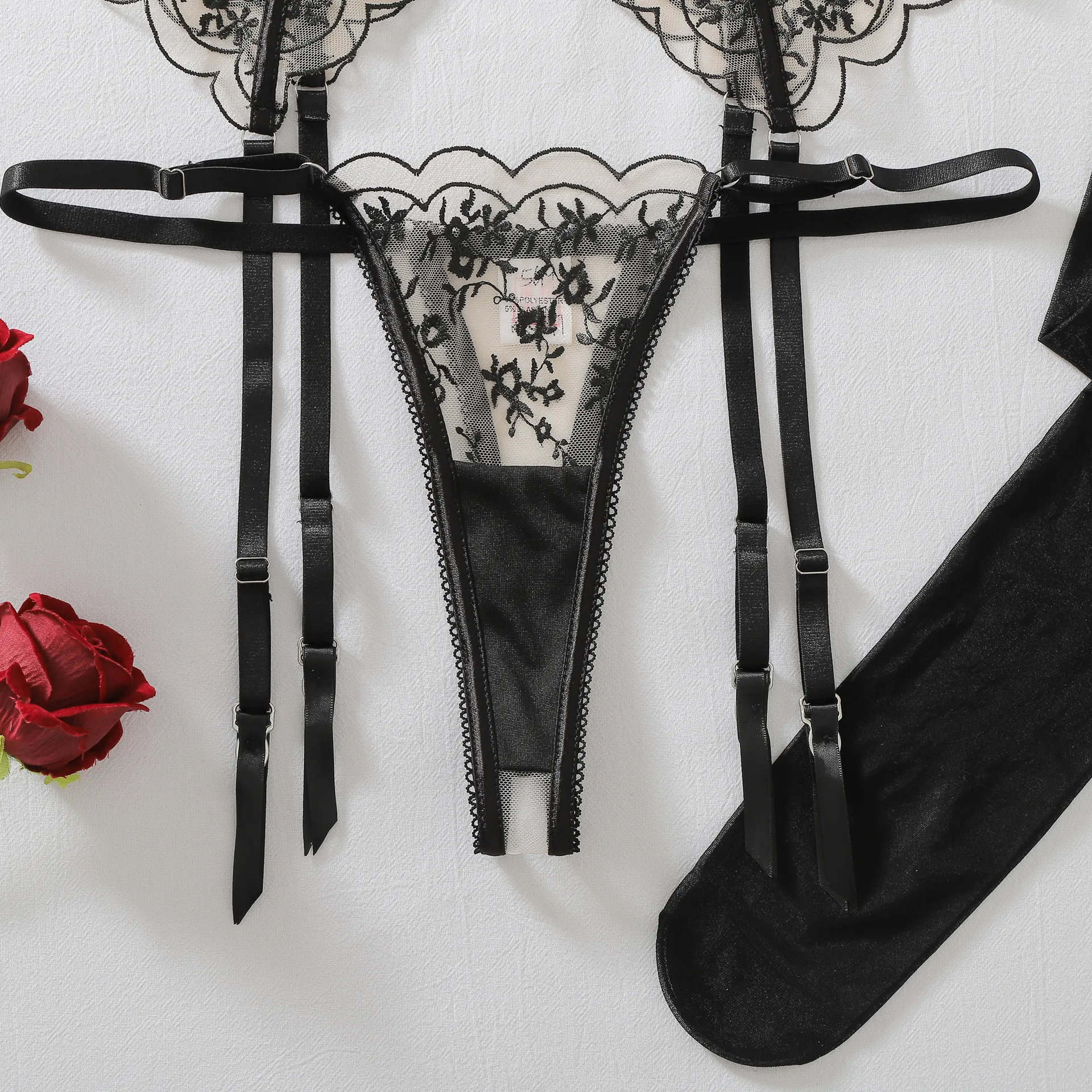 Conjunto de lencería erótica SINGREINY de tres piezas: sujetador transparente con tirantes y bordados, bragas y medias, conjunto de sujetador floral con tirantes y tangas + calcetines, colección 2026